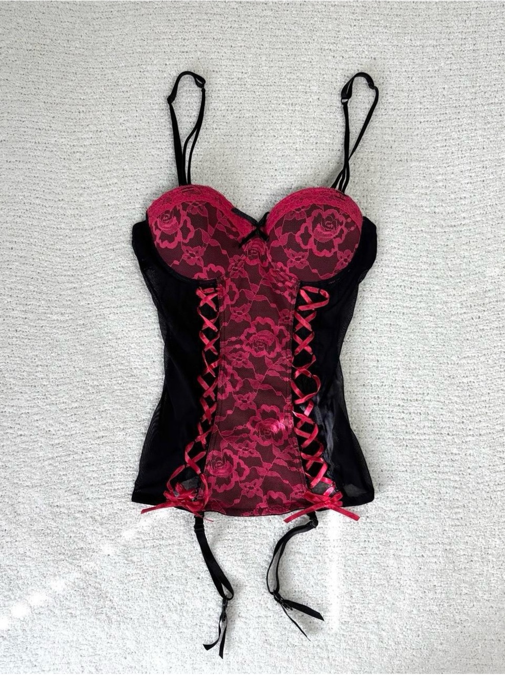 Y2K pink lace mesh lace up bustier